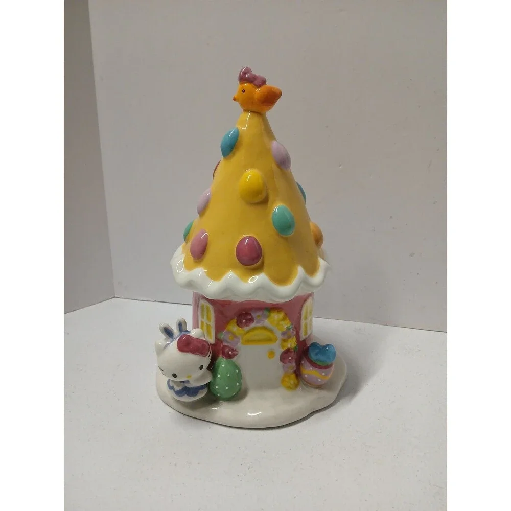 Hello Kitty Easter Egg House Figurine Yellow Ceramic Blue Sky‎ Embossed